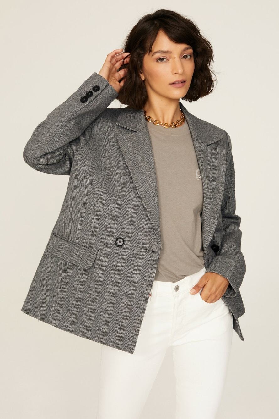 ANNIE BING Grey Wool Blend Boxy Cut Style Oversized Striped Becky Blazer size S
